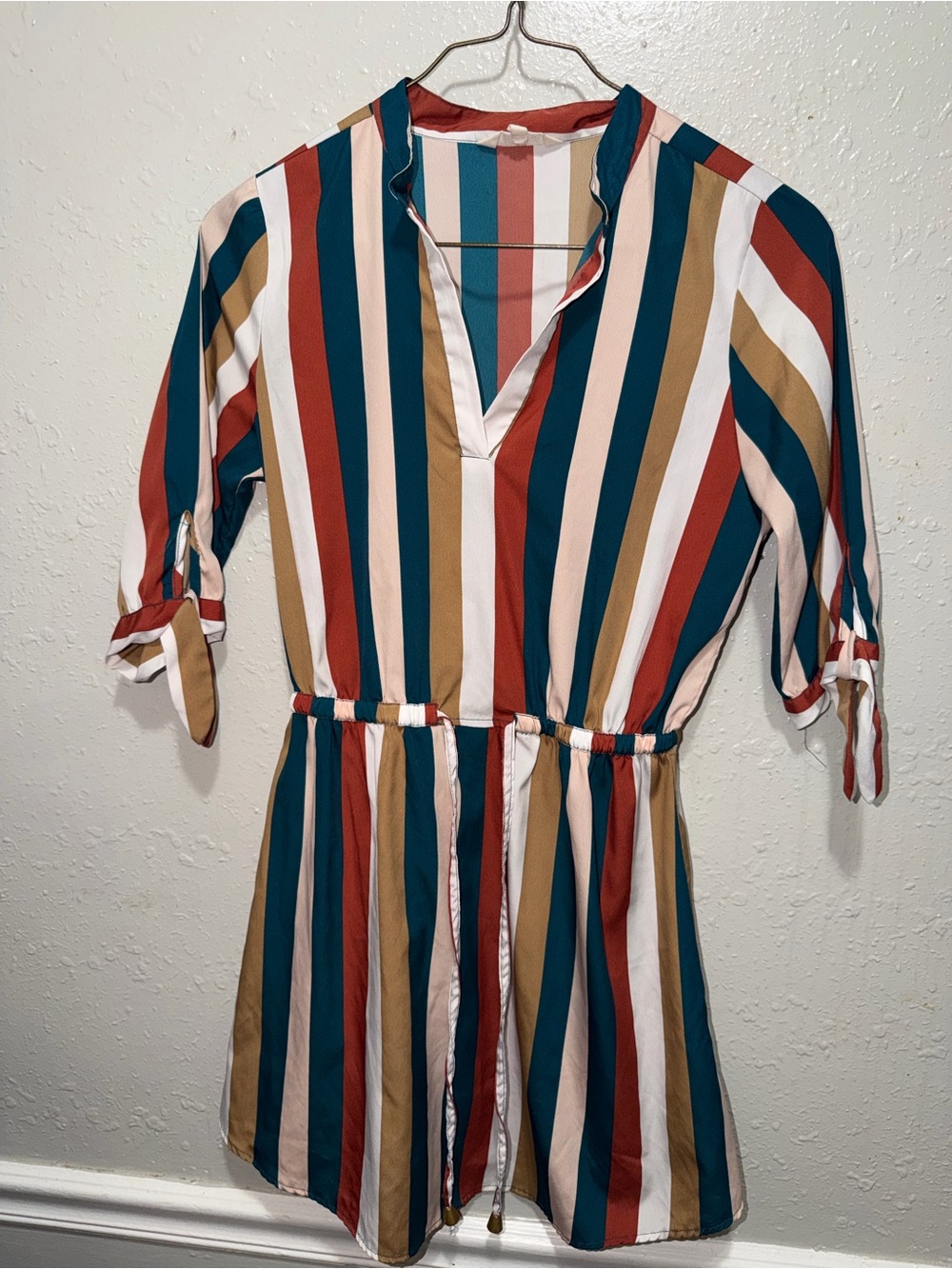 Blush Striped Tie-Waist Mini Dress in Teal, Rust, Mustard & Ivory